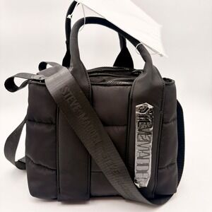 Steve Madden BBANDO P Black Satchel Puffer Mini Tote Crossbody Bag with Patches